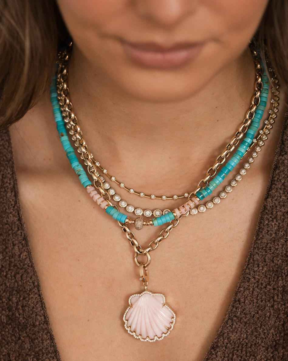 TURQUOISE PINK OPAL AND DIAMOND BEADED NECKLACE