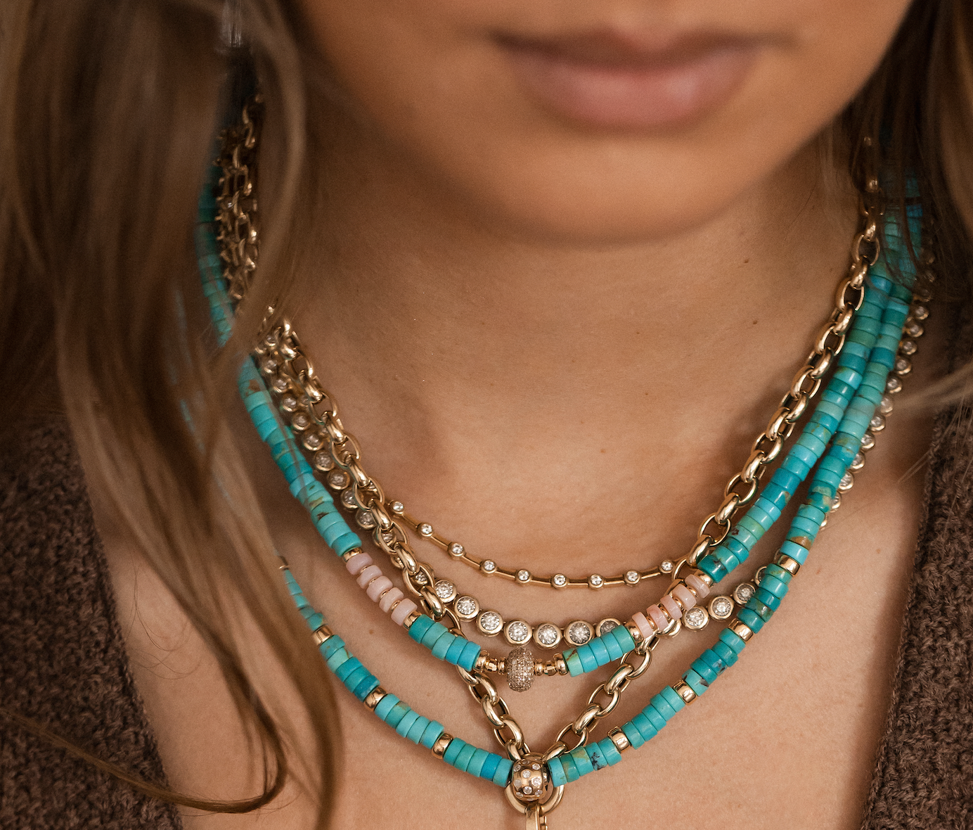 TURQUOISE PINK OPAL AND DIAMOND BEADED NECKLACE