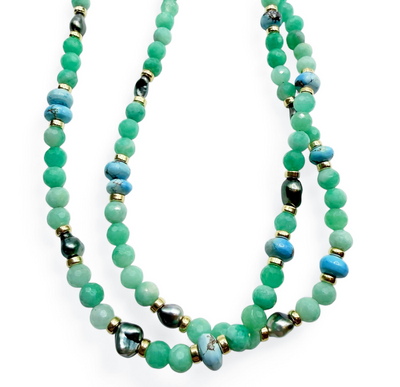 EMERALD, TAHITIAN PEARL AND GOLDEN HILL TURQUOISE NECKLACE