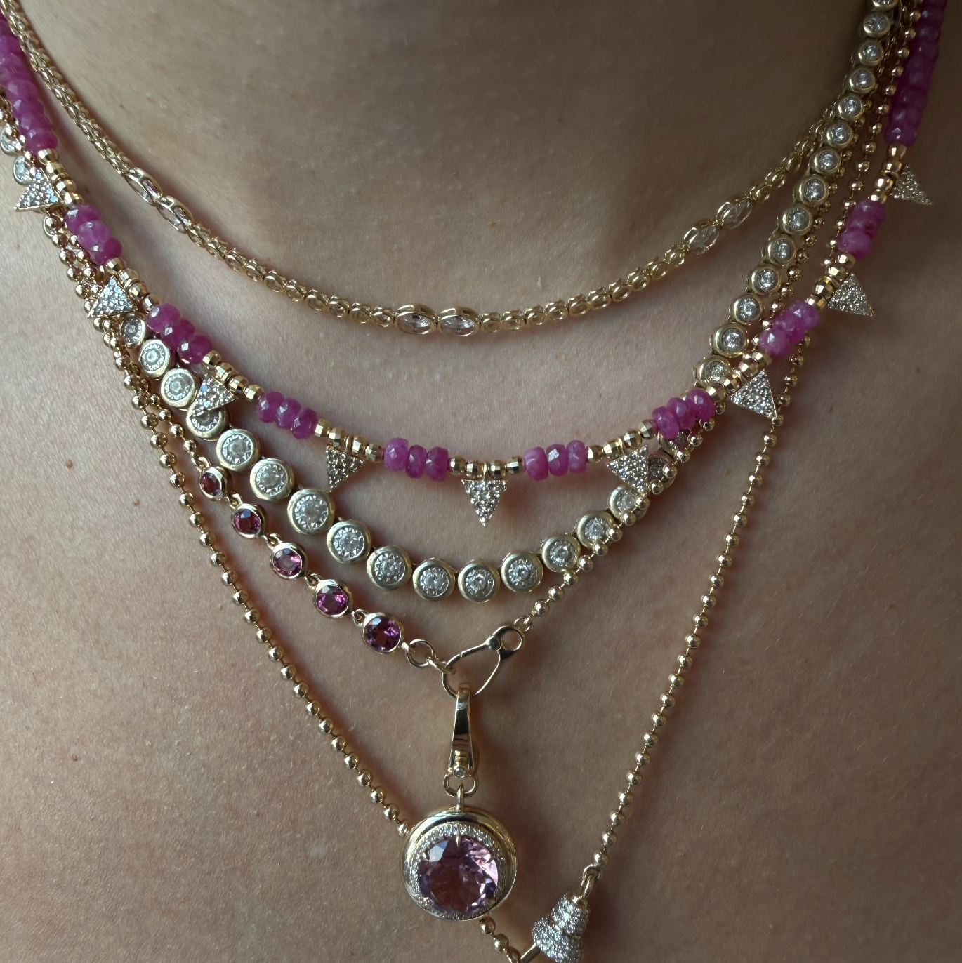 PINK SAPPHIRE AND DIAMOND TRIANGLE NECKLACE