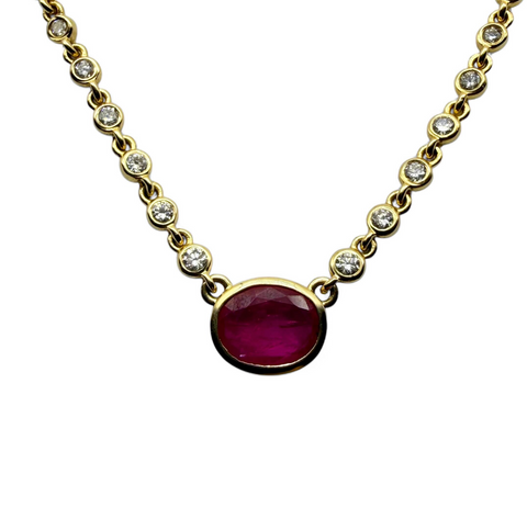 14K GOLD RUBY AND DIAMOND BEAD HALO NECKLACE