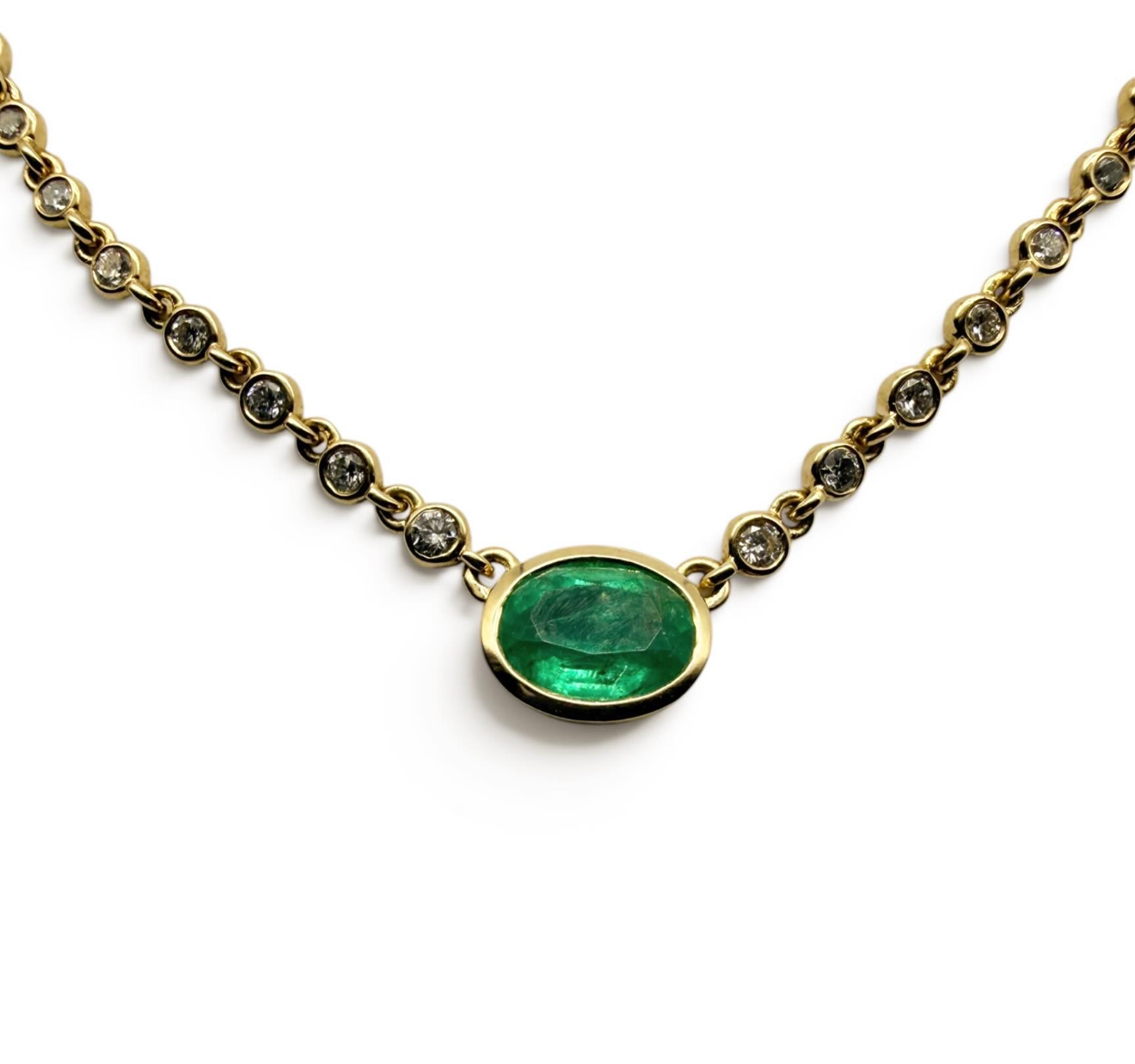 14K GOLD EMERALD AND DIAMOND HALO NECKLACE