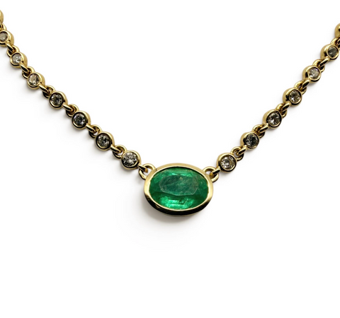 14K GOLD EMERALD AND DIAMOND HALO NECKLACE