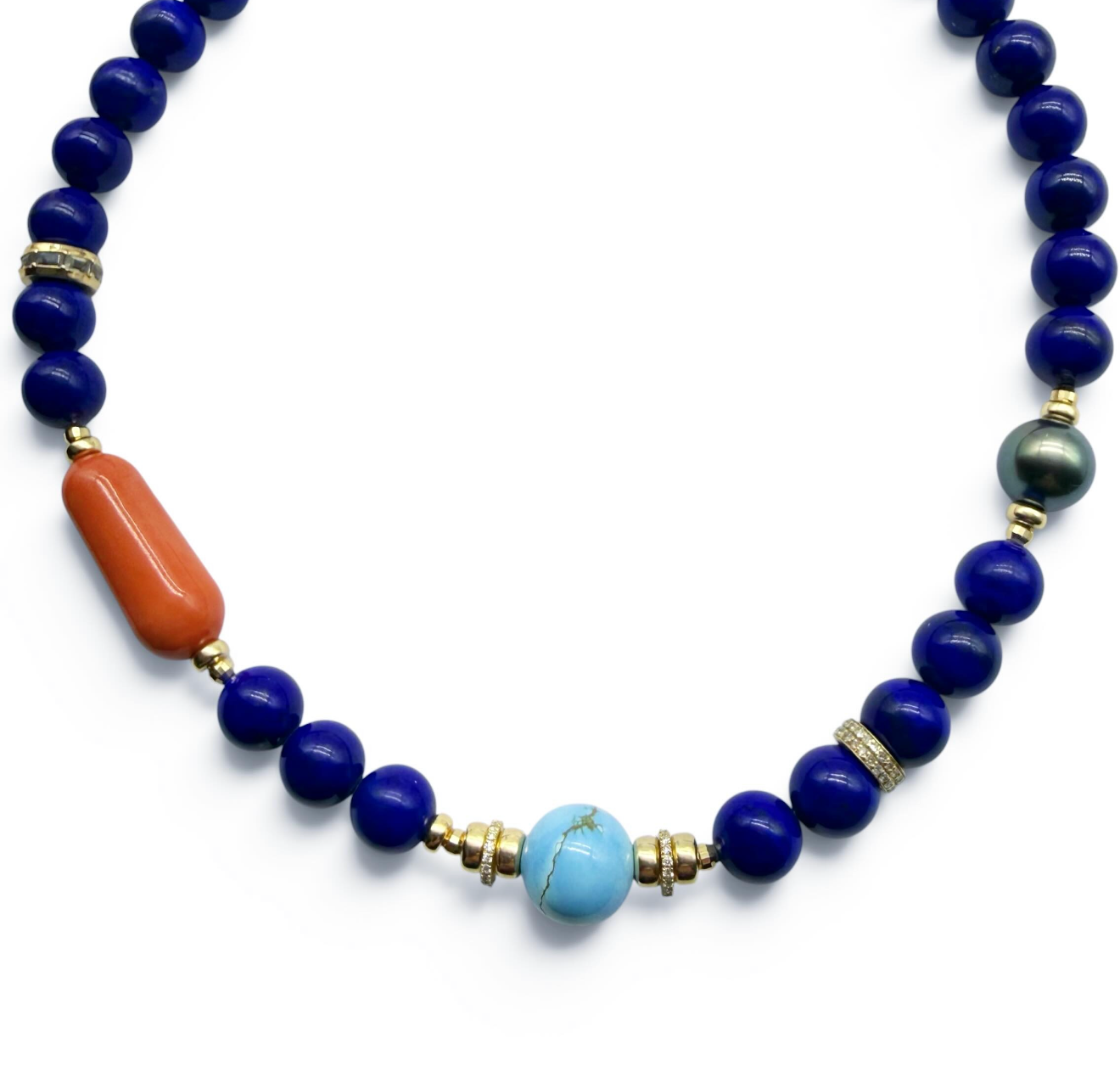 LAPIS, CORAL, TAHITIAN, TURQUOISE & DIAMOND NECKLACE