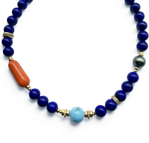 LAPIS, CORAL, TAHITIAN, TURQUOISE & DIAMOND NECKLACE