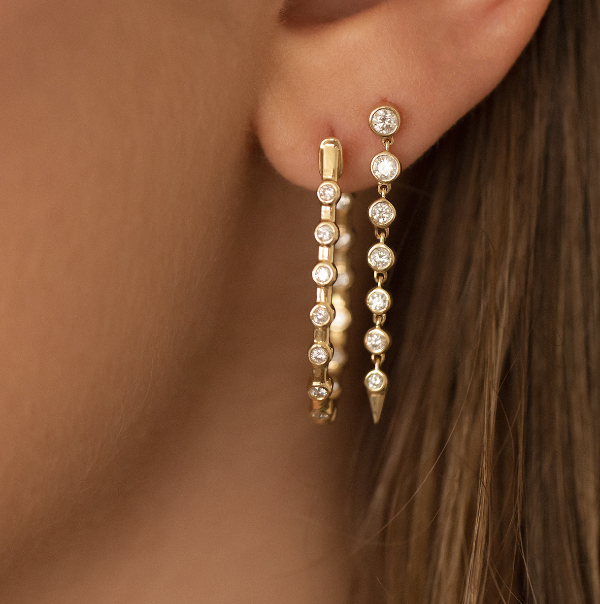 14K GOLD AND DIAMOND HOOPS