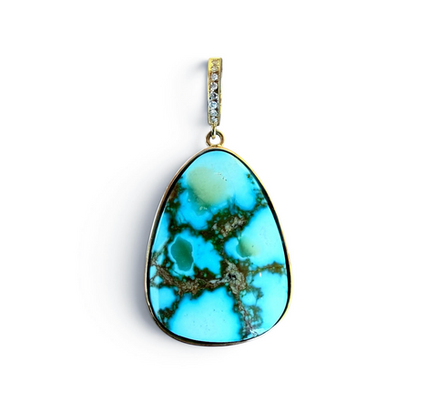TURQUOISE AMULET SET IN SOLID GOLD WITH DIAMOND CLIP BAIL