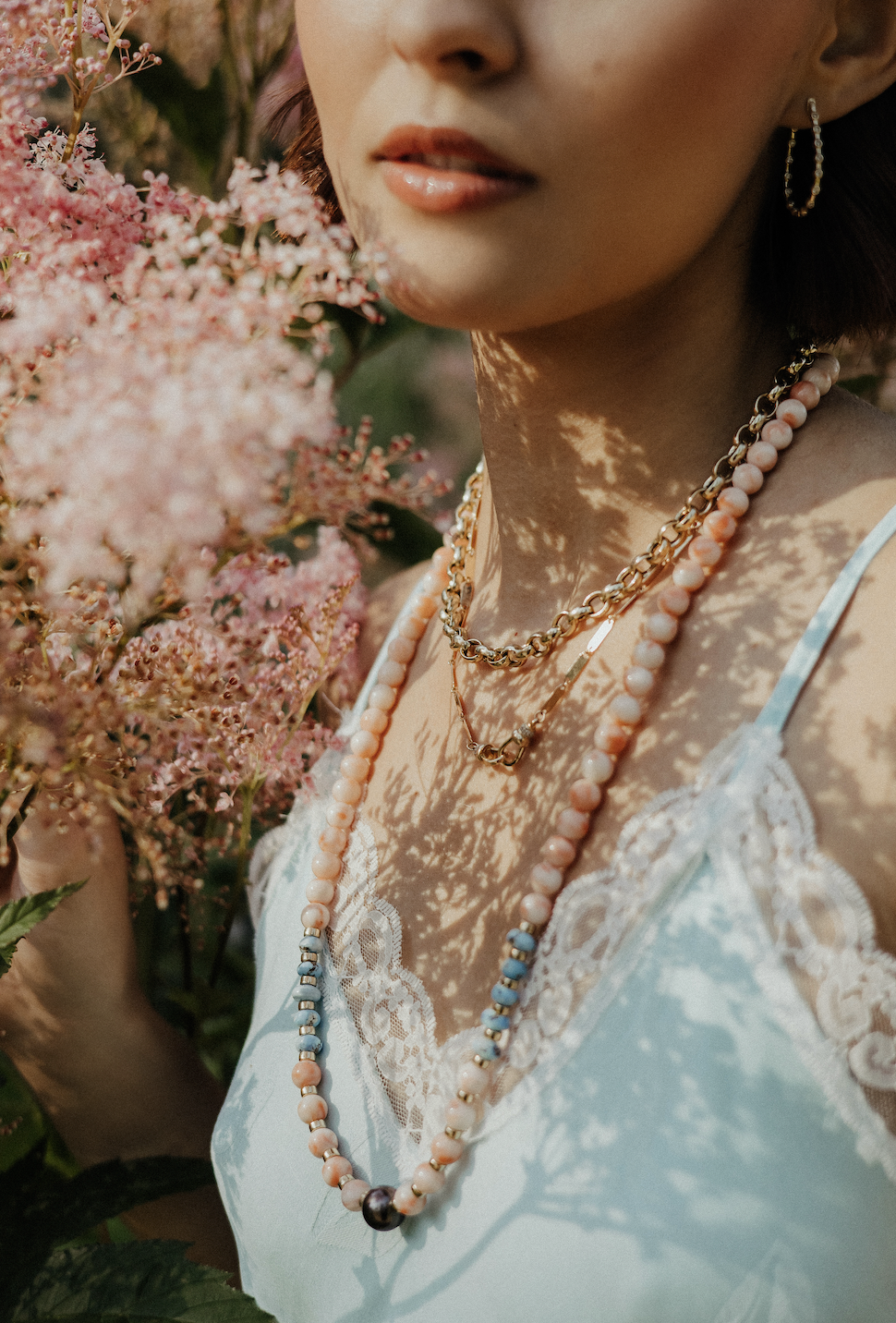 LONG CORAL, GOLDEN HILL & TAHITIAN PEARL NECKLACE