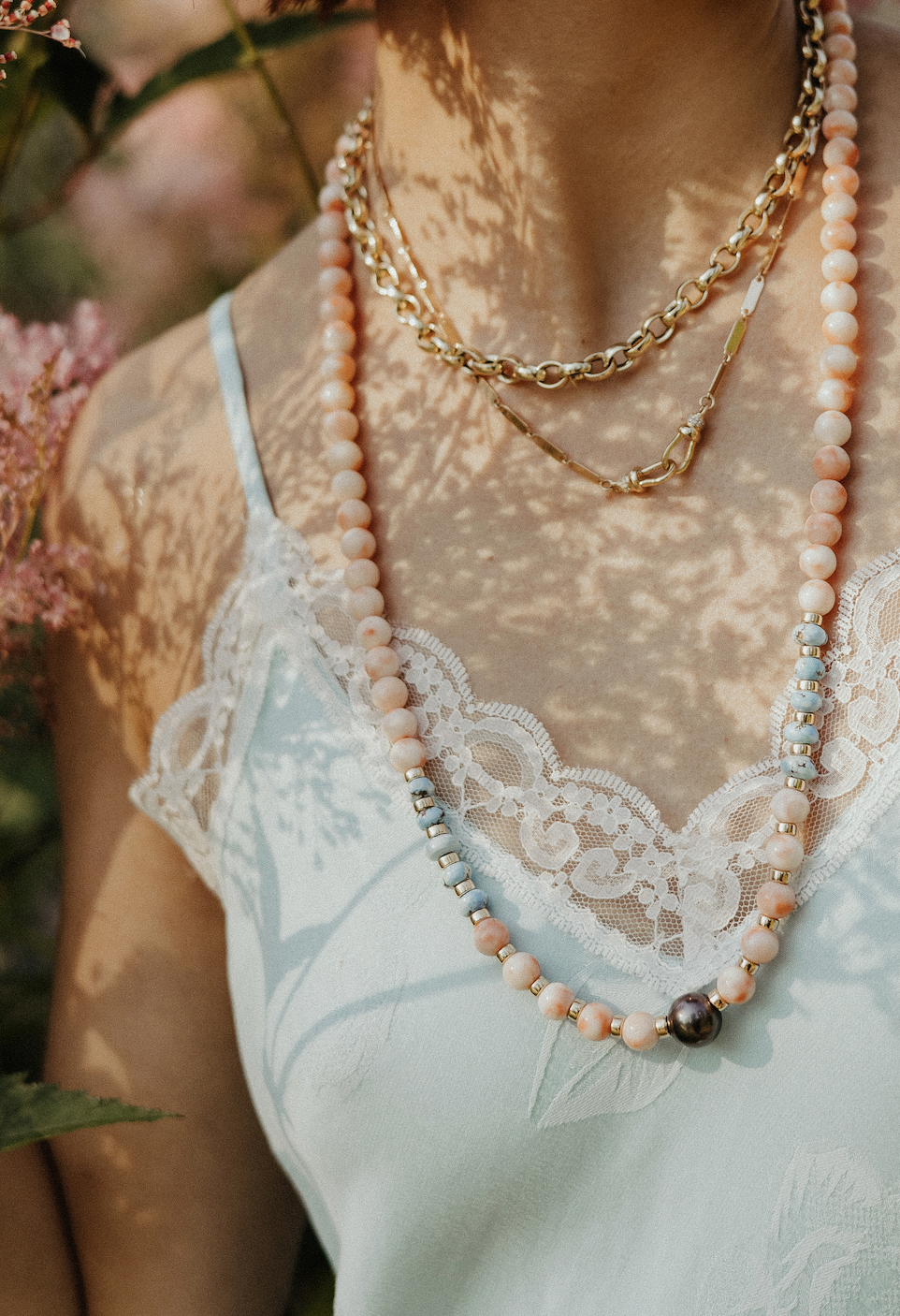 LONG CORAL, GOLDEN HILL & TAHITIAN PEARL NECKLACE