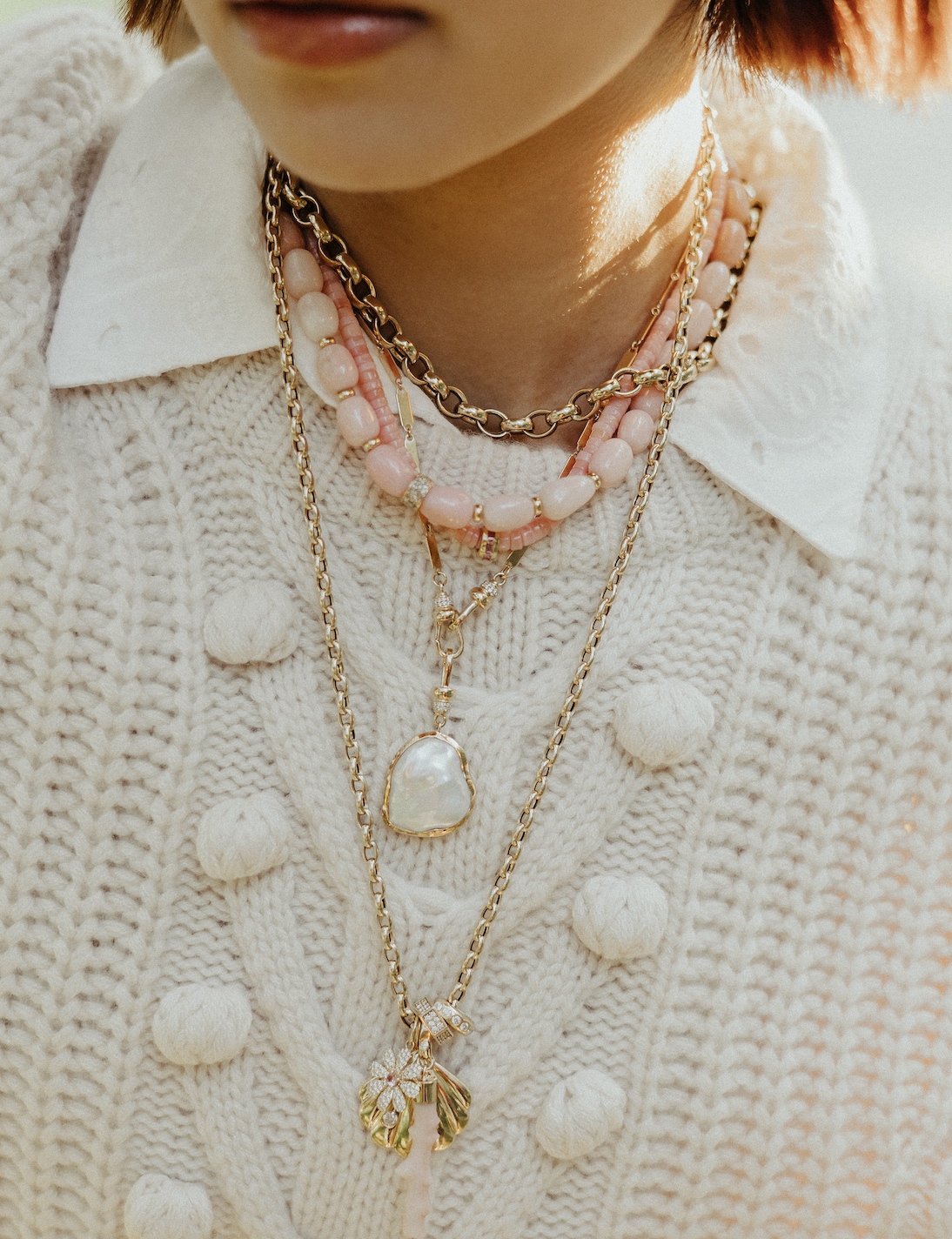 PINK OPAL OMBRÉ  NUGGET NECKLACE WITH DIAMOND BEAD