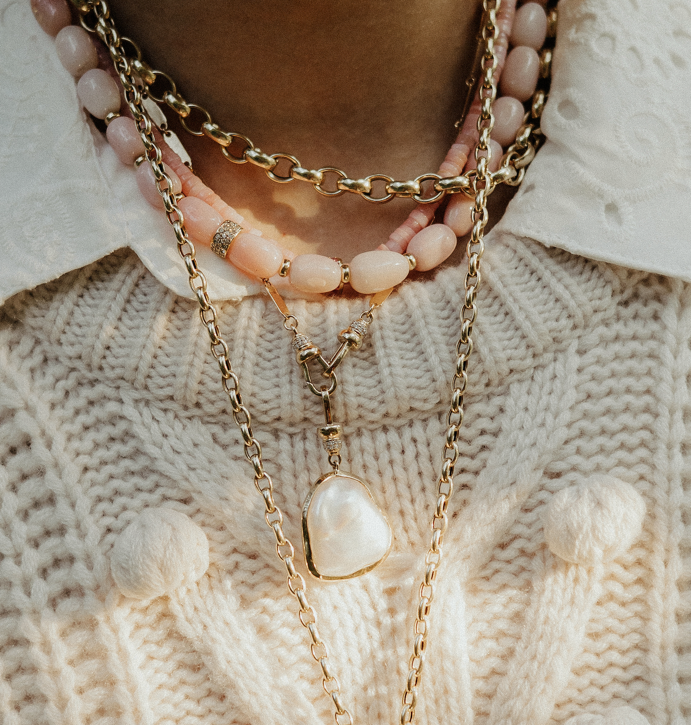 PINK OPAL OMBRÉ  NUGGET NECKLACE WITH DIAMOND BEAD