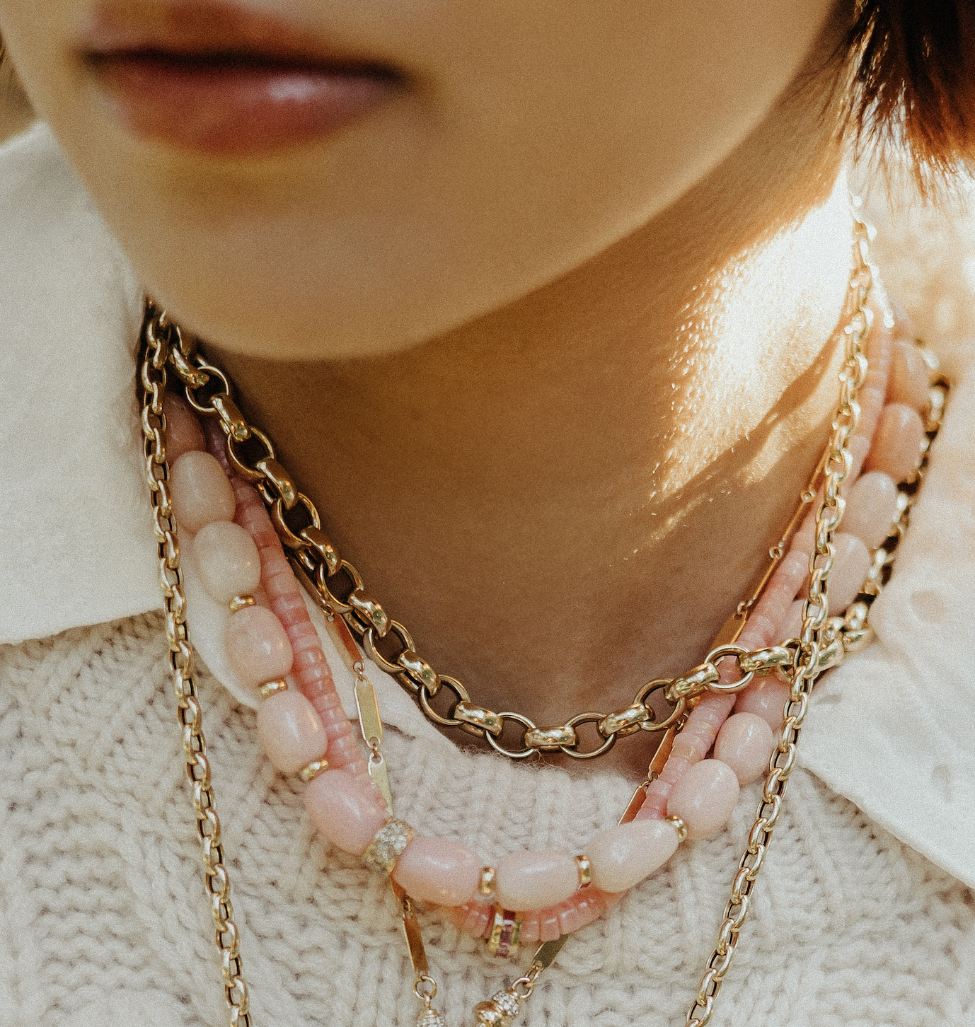 PINK OPAL OMBRÉ  NUGGET NECKLACE WITH DIAMOND BEAD