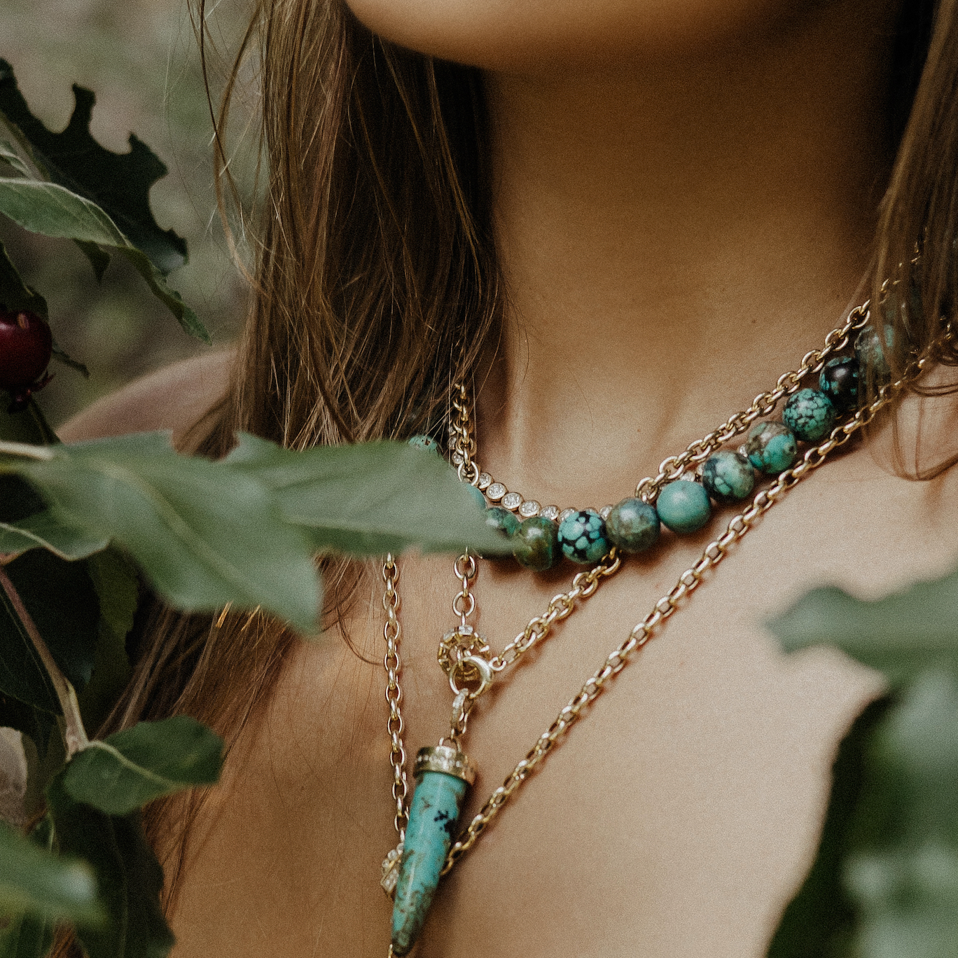 TURQUOISE AND DIAMOND BEAD NECKLACE