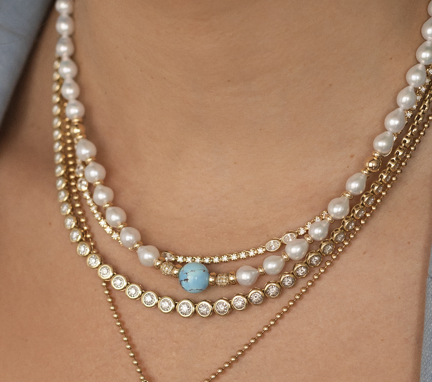 AKOYA PEARL, DIAMOND AND GOLDEN HILL TURQUOISE NECKLACE