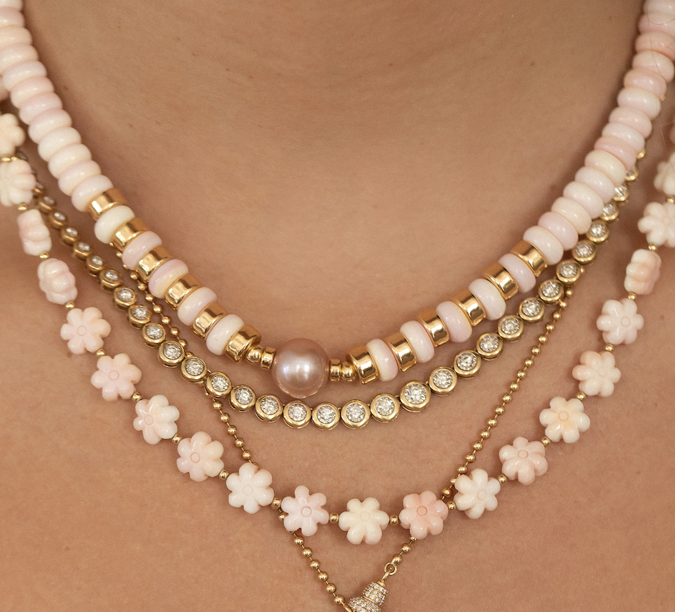 PINK FRESH WATER PEARL NECKLACE WITH PINK SHELL OR LARIMAR