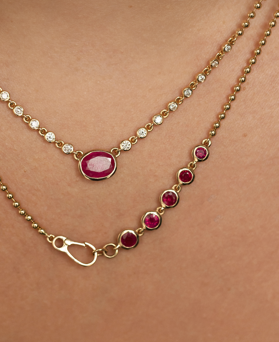 14K GOLD RUBY AND DIAMOND BEAD HALO NECKLACE