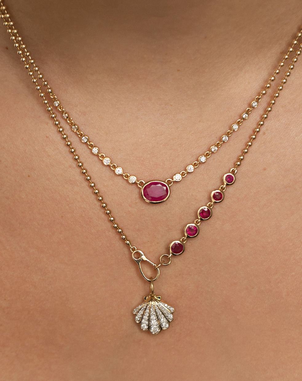14K GOLD RUBY AND DIAMOND BEAD HALO NECKLACE