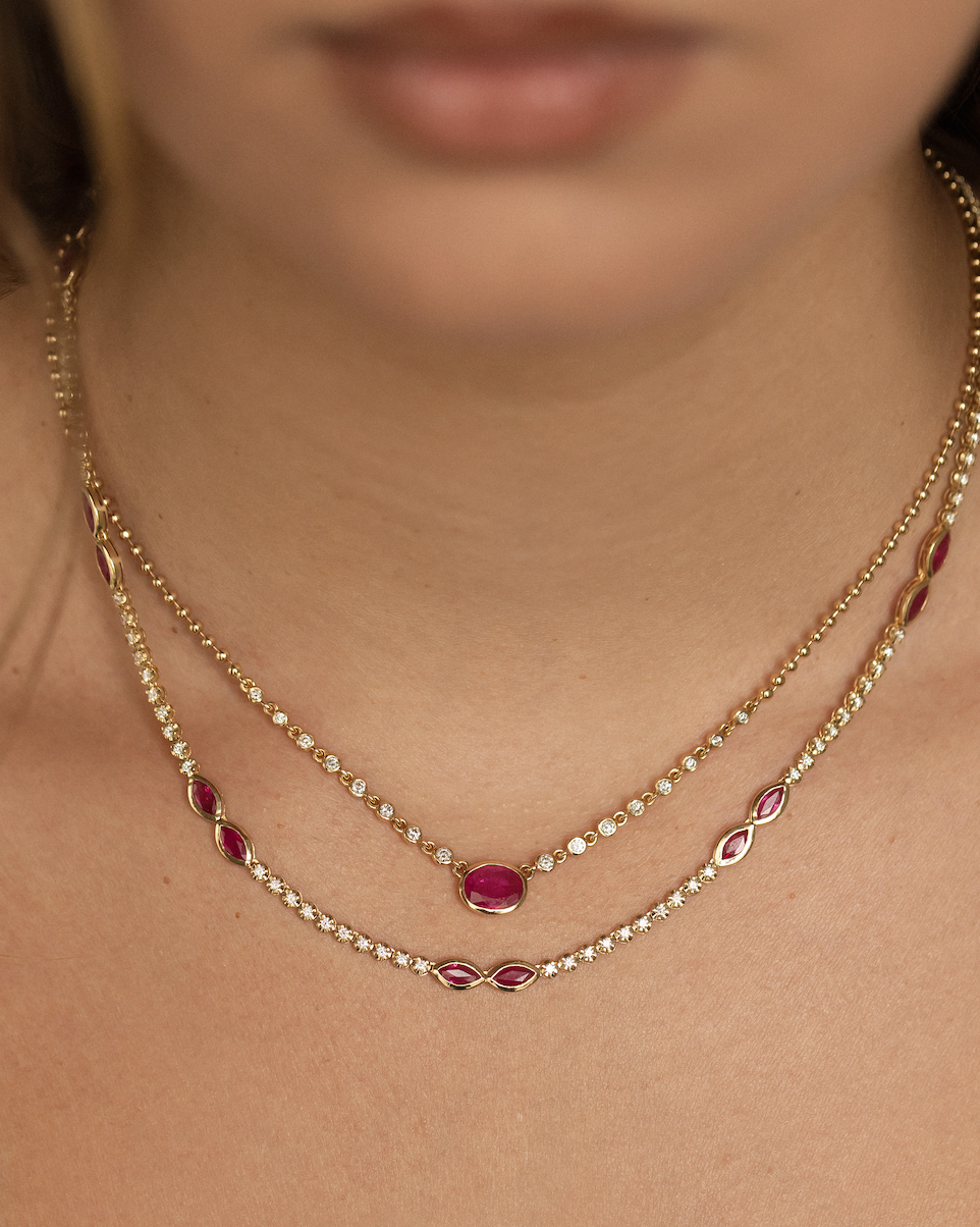 14K GOLD RUBY AND DIAMOND BEAD HALO NECKLACE