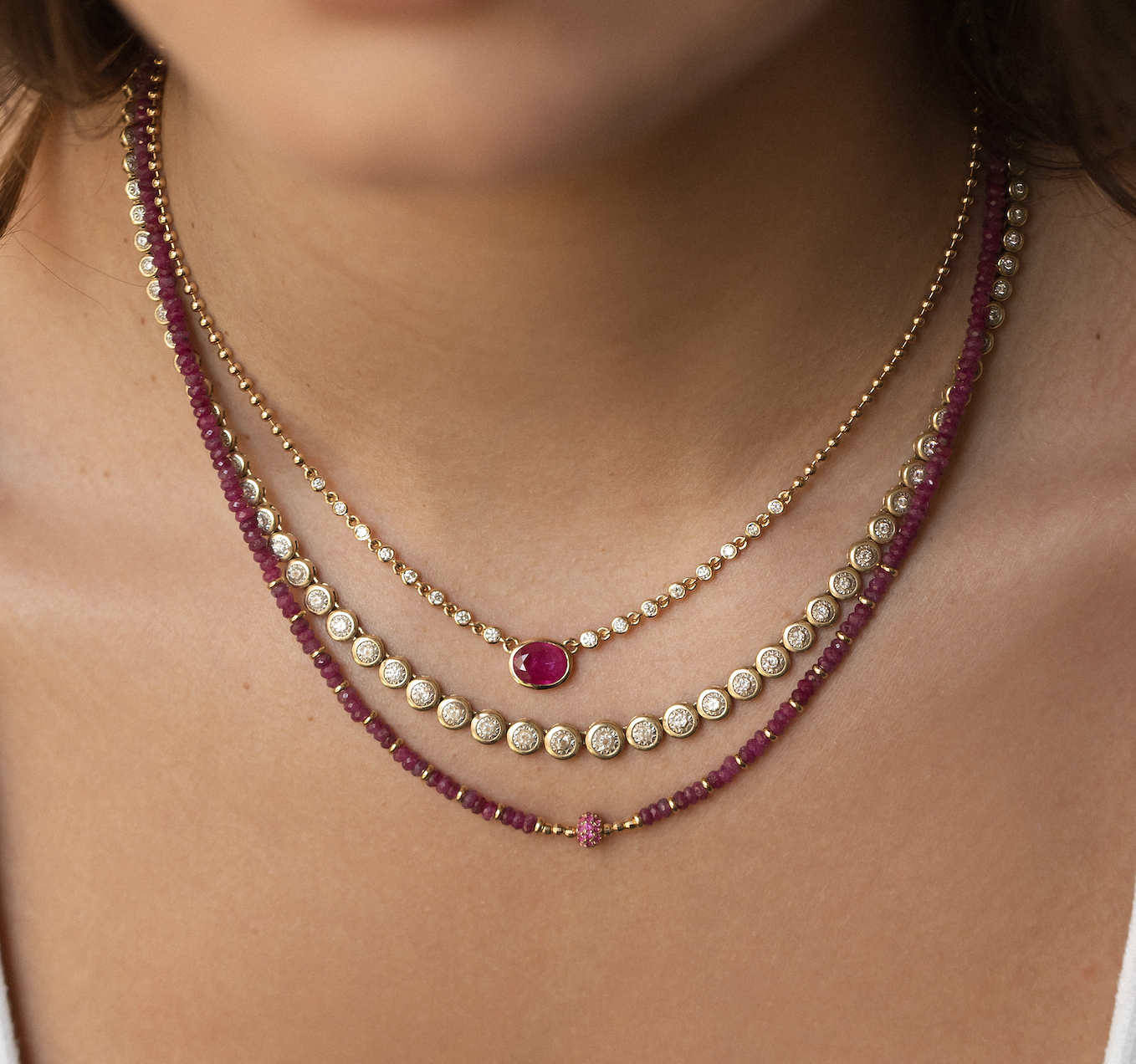 14K GOLD RUBY AND DIAMOND BEAD HALO NECKLACE