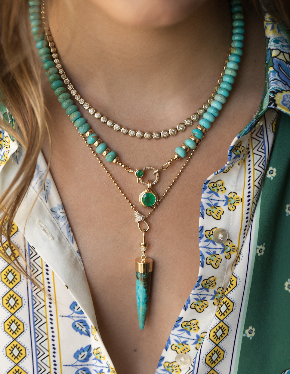 TURQUOISE EMERALD & DIAMOND BEADED NECKLACE