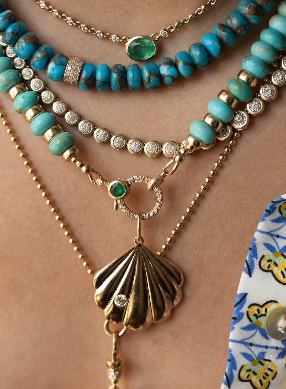 TURQUOISE EMERALD & DIAMOND BEADED NECKLACE