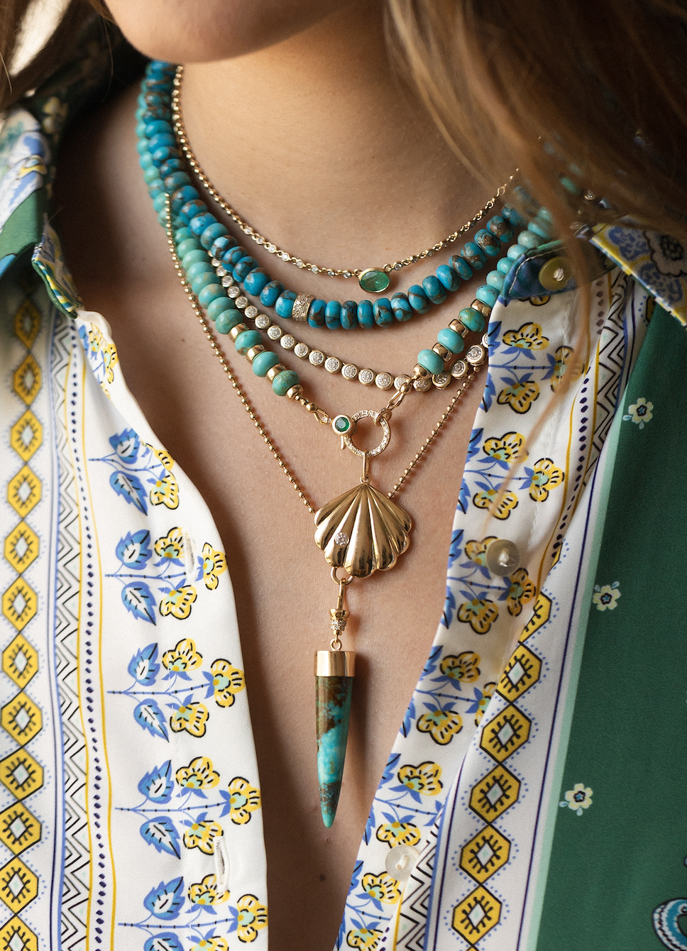 TURQUOISE EMERALD & DIAMOND BEADED NECKLACE