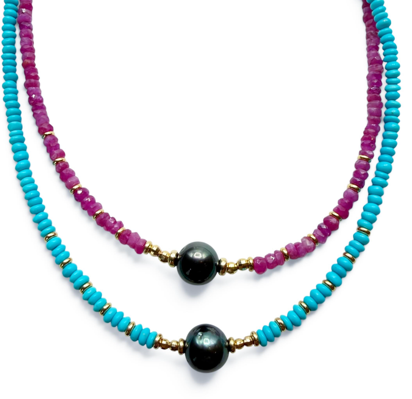 TURQUOISE OR PINK SAPPHIRE AND BABY TAHITIAN PEARL NECKLACE