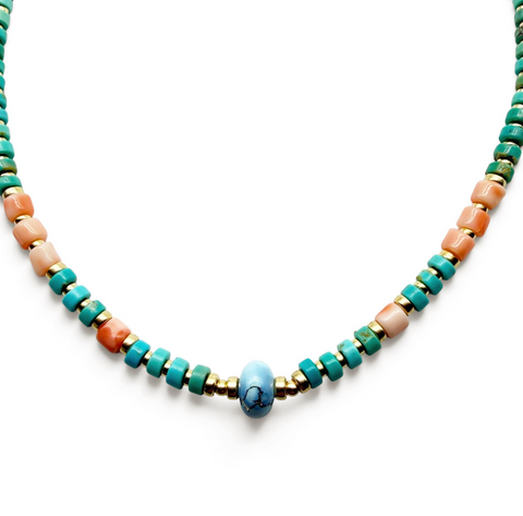 TURQUOISE & CORAL MIXED BEADED NECKLACE