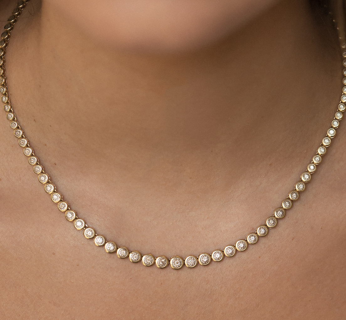 14K GOLD LARGE BEZEL DIAMOND  TENNIS NECKLACE