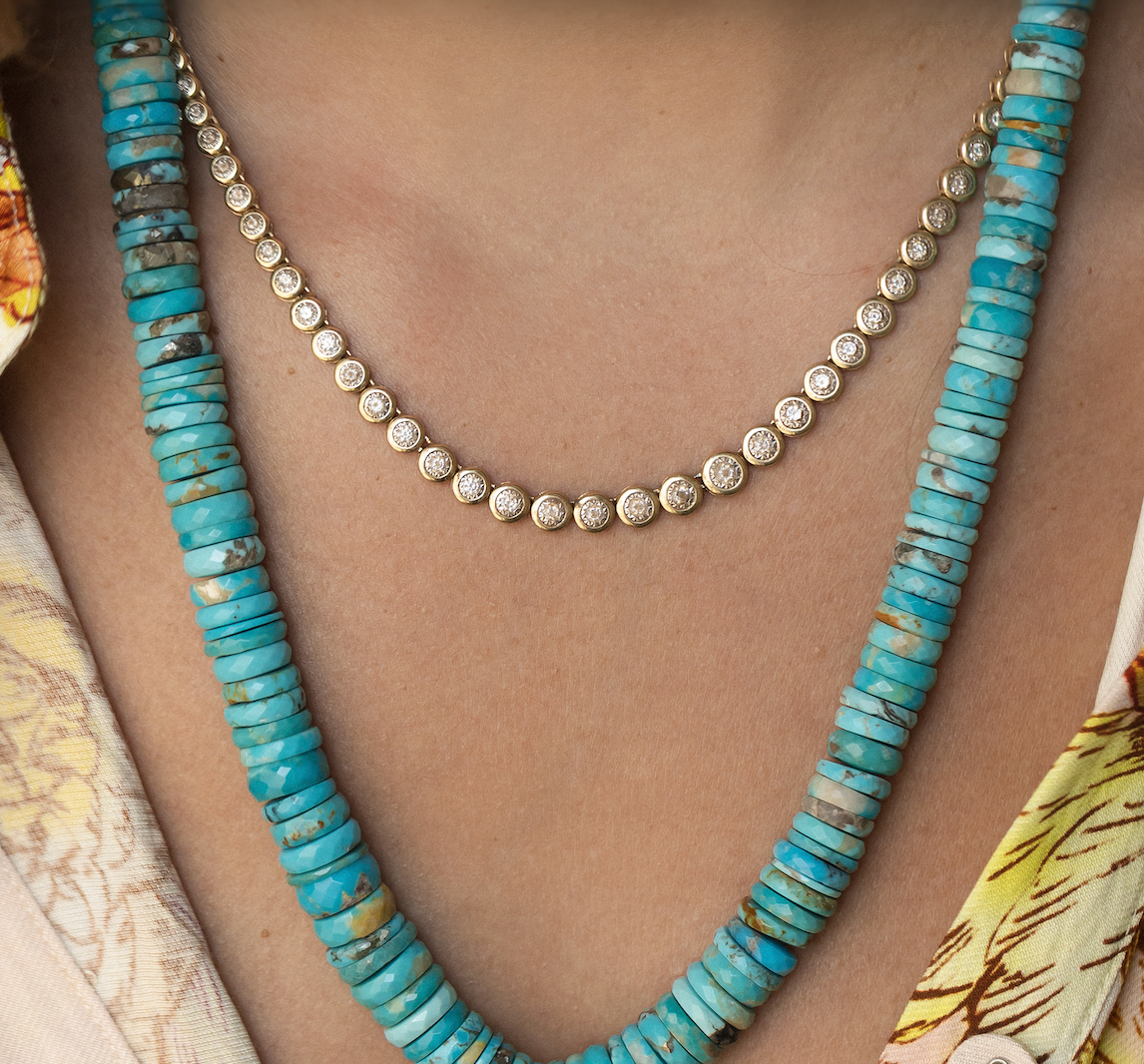 14K GOLD LARGE BEZEL DIAMOND  TENNIS NECKLACE
