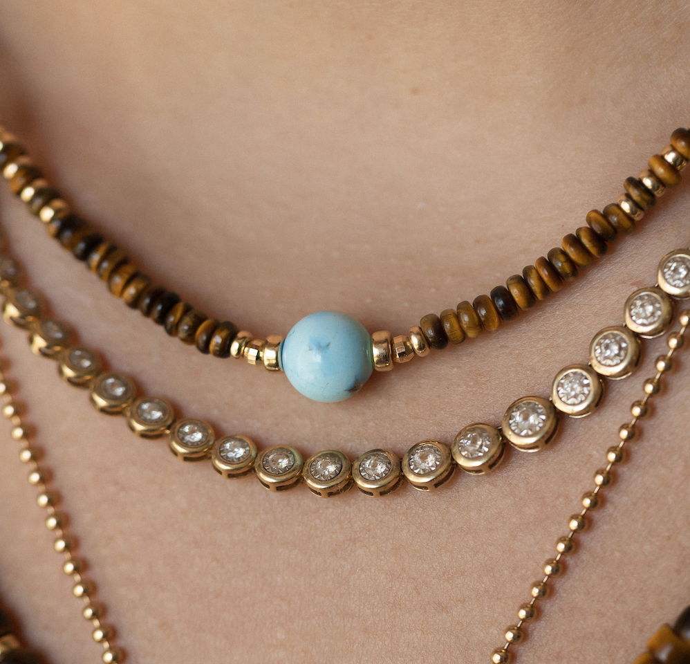 TIGERS EYE, TURQUOISE AND DIAMOND BEAD NECKLACE