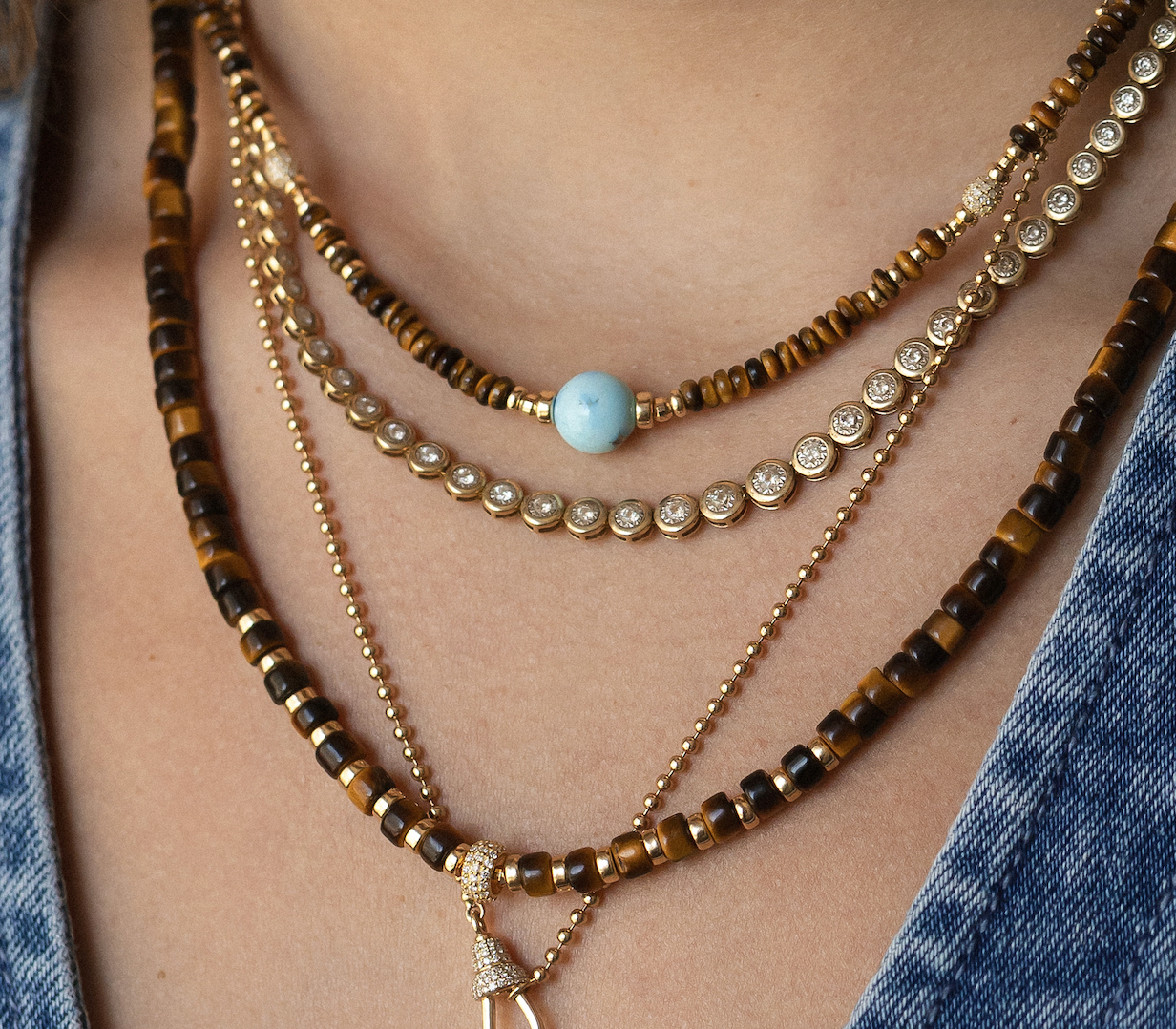 TIGERS EYE, TURQUOISE AND DIAMOND BEAD NECKLACE