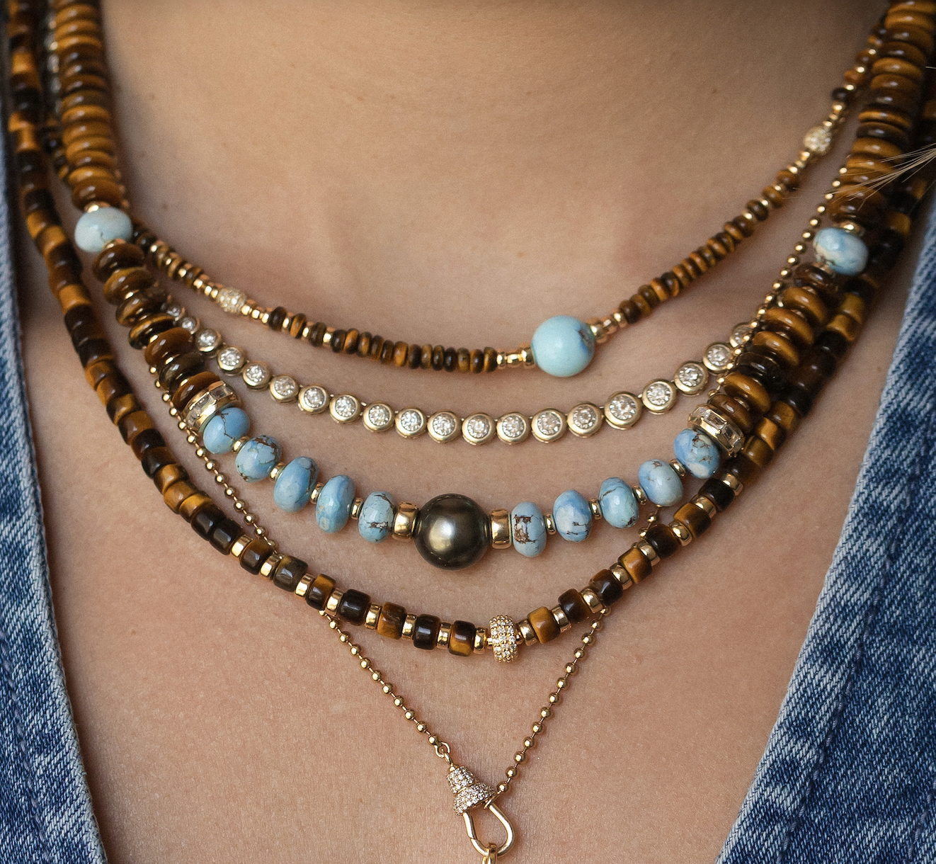 TIGERS EYE, TURQUOISE AND DIAMOND BEAD NECKLACE