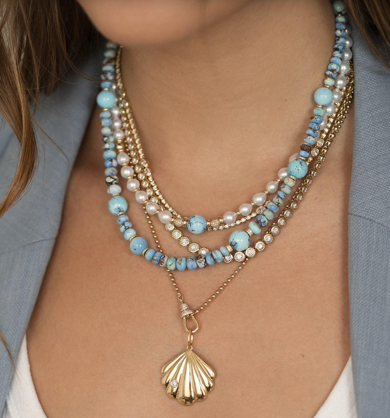 AKOYA PEARL, DIAMOND AND GOLDEN HILL TURQUOISE NECKLACE