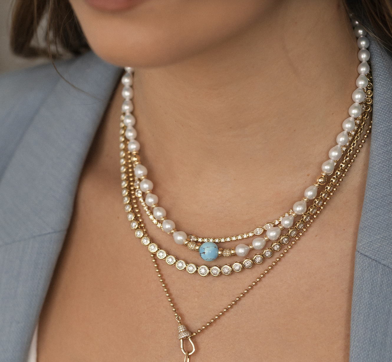 AKOYA PEARL, DIAMOND AND GOLDEN HILL TURQUOISE NECKLACE