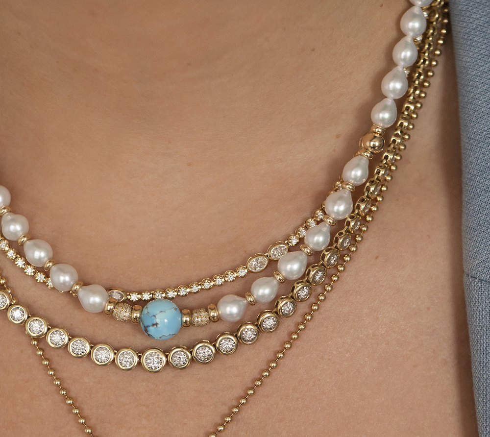 AKOYA PEARL, DIAMOND AND GOLDEN HILL TURQUOISE NECKLACE
