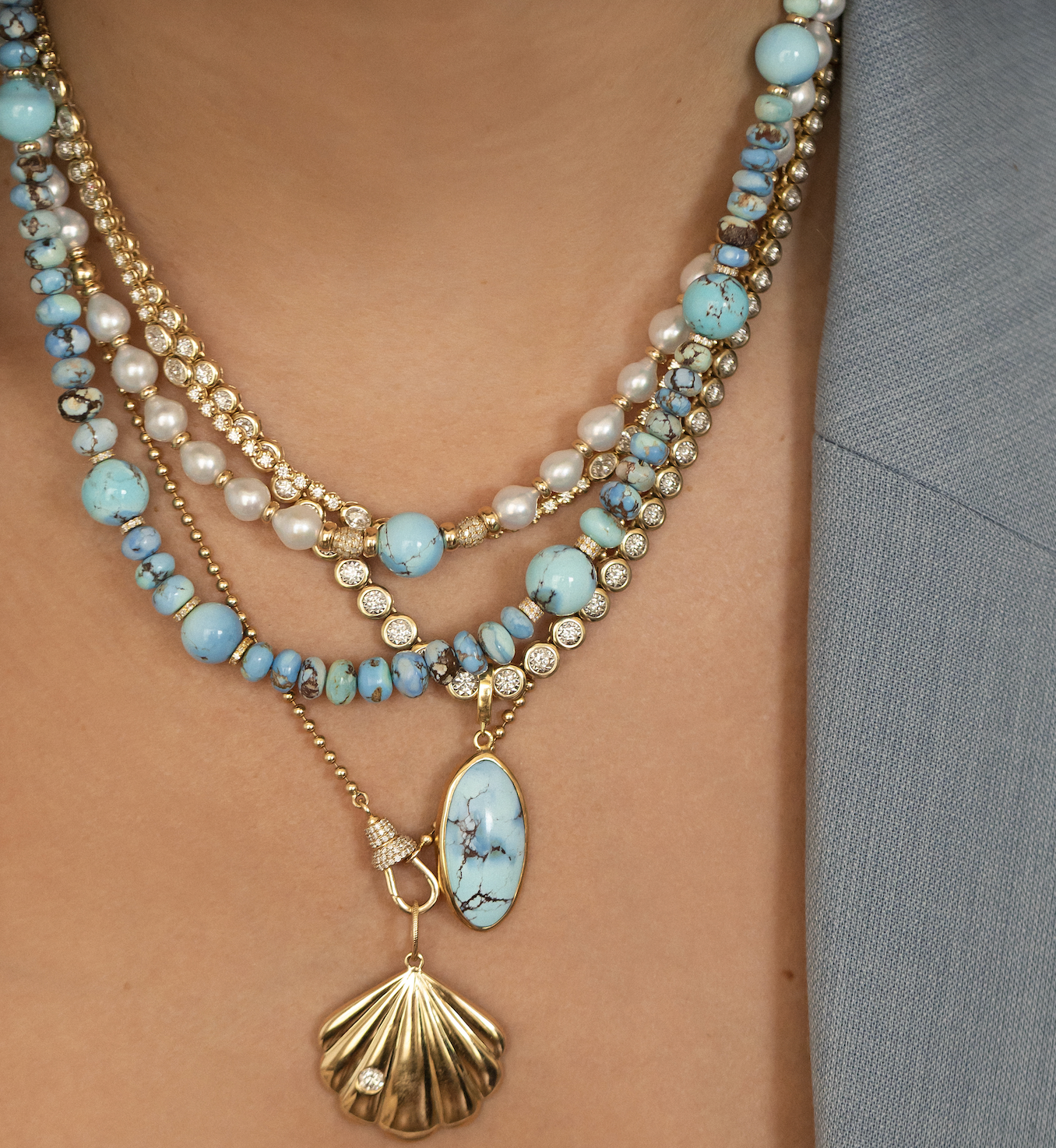 AKOYA PEARL, DIAMOND AND GOLDEN HILL TURQUOISE NECKLACE
