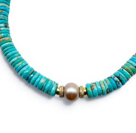 TURQUOISE + DIAMOND + PINK PEARL NECKLACE