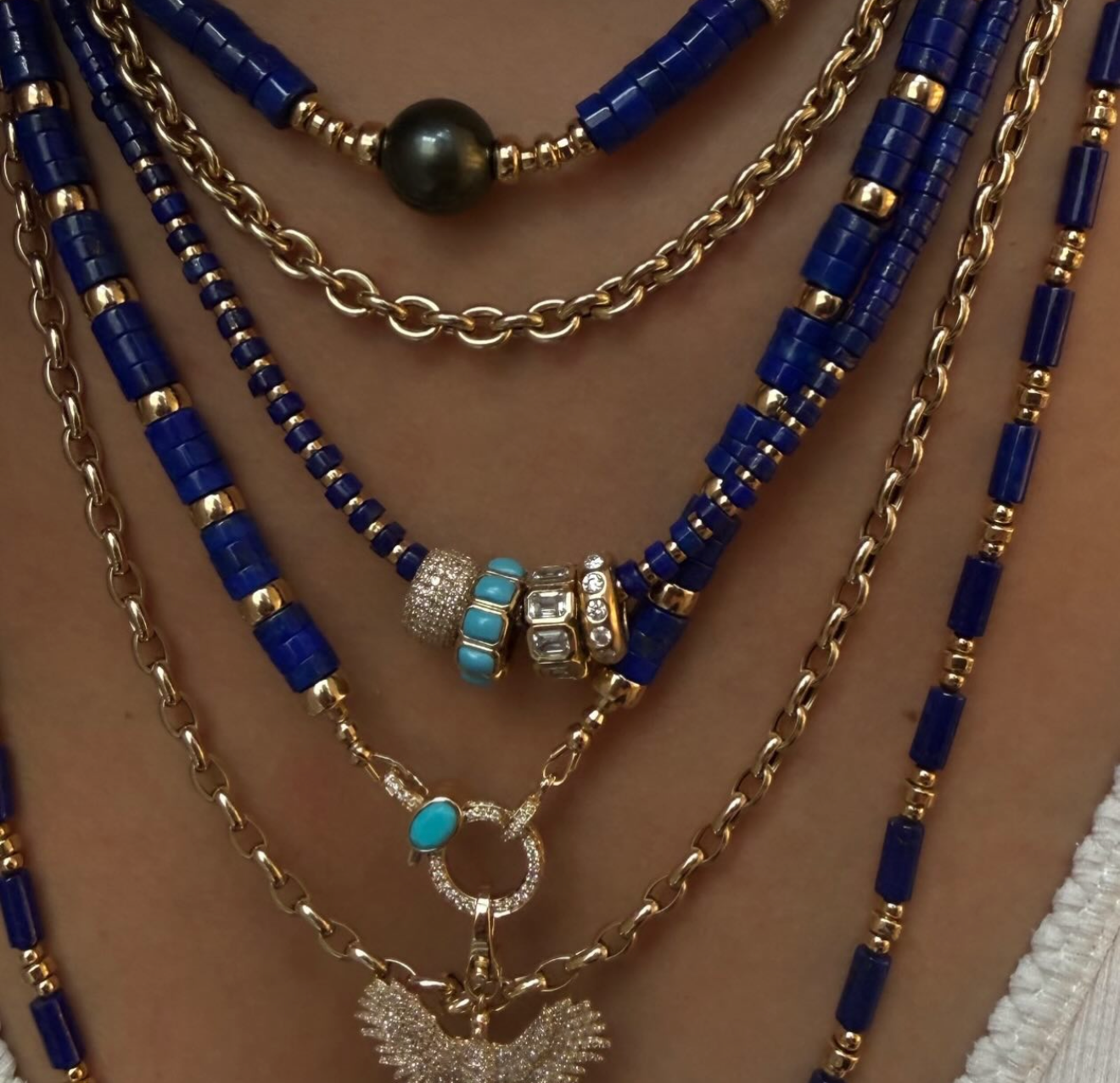LAPIS + HEAVY GOLD & DIAMOND BEAD CLASP NECKLACE