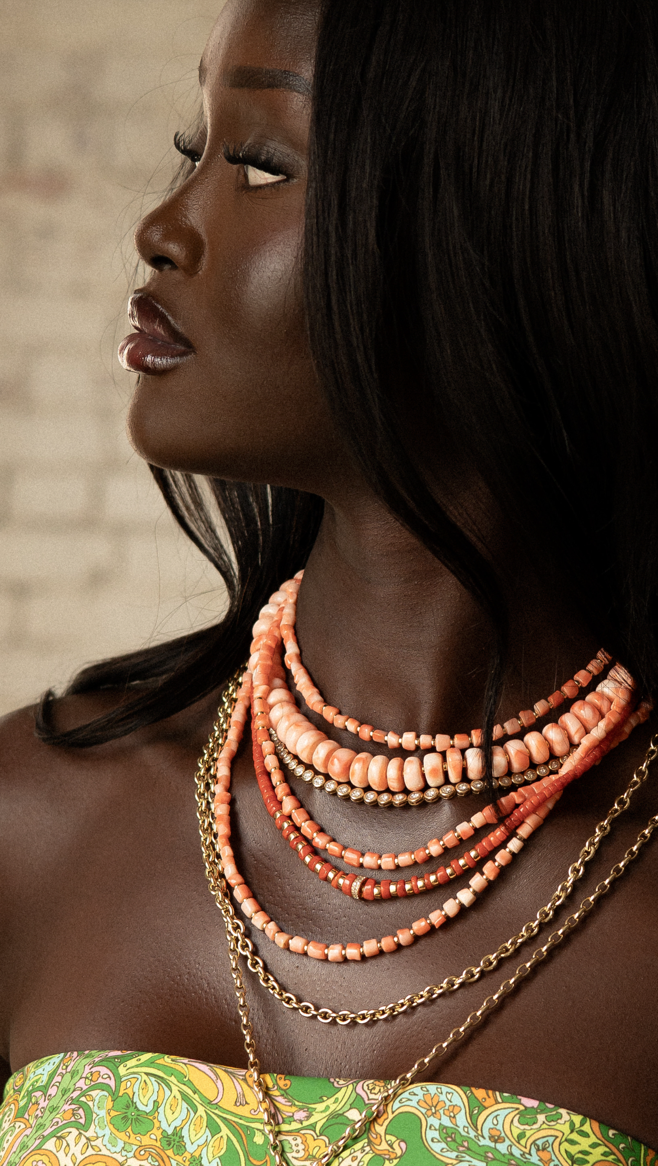 MOMO CORAL NECKLACE WITH 14K GOLD AND DIAMOND BEAD