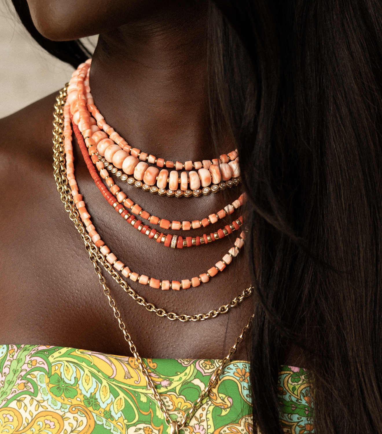 MOMO CORAL NECKLACE WITH 14K GOLD AND DIAMOND BEAD