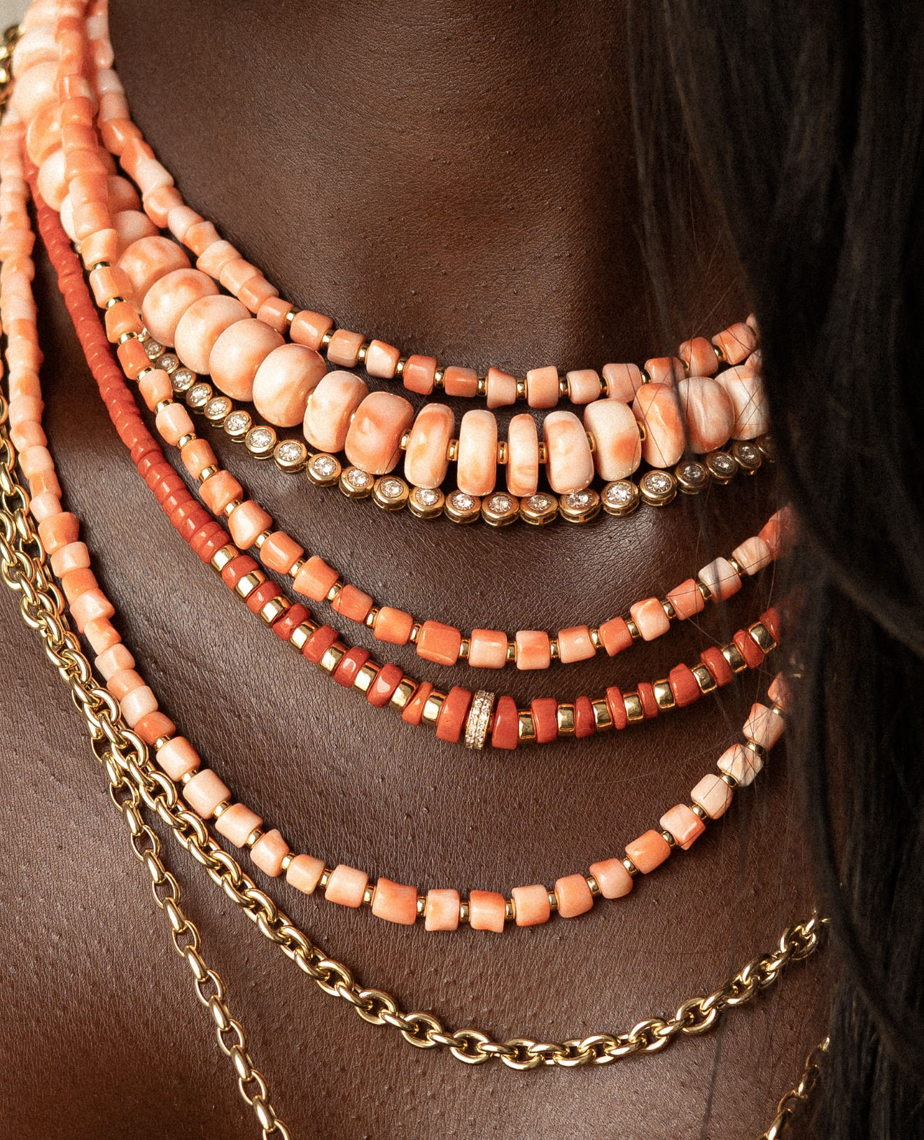 MOMO CORAL NECKLACE WITH 14K GOLD AND DIAMOND BEAD