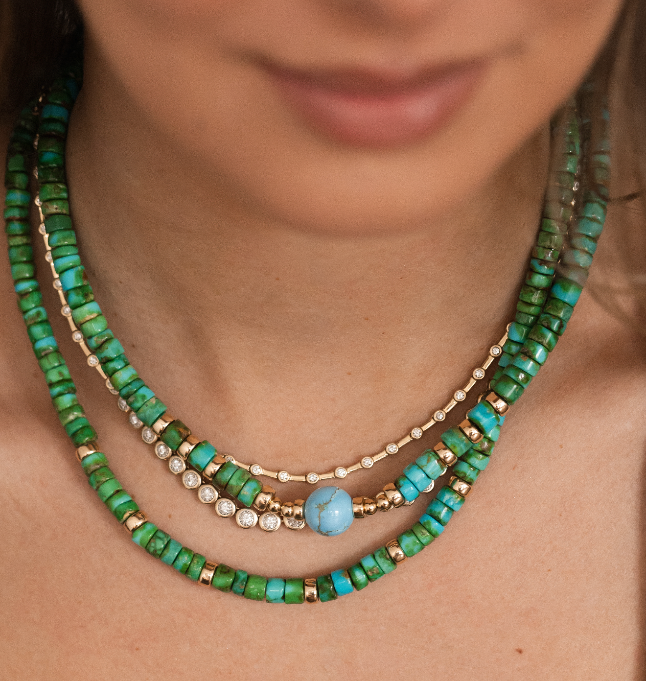 TURQUOISE AND 14K GOLD MIXED NECKLACES