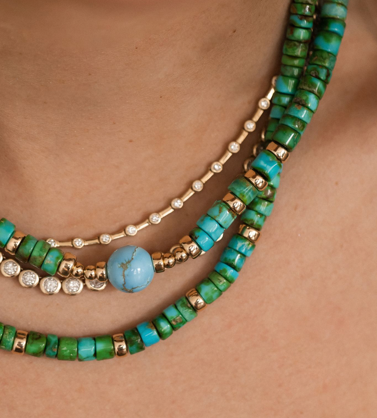 TURQUOISE AND 14K GOLD MIXED NECKLACES