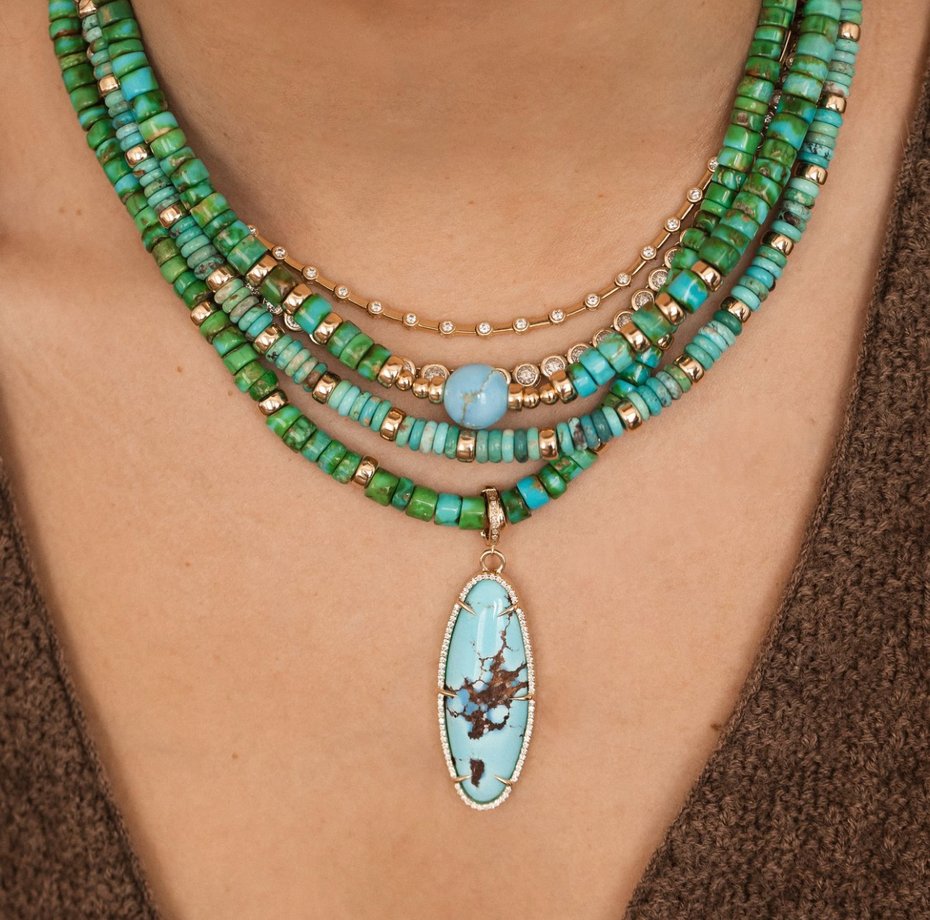 TURQUOISE AND 14K GOLD MIXED NECKLACES