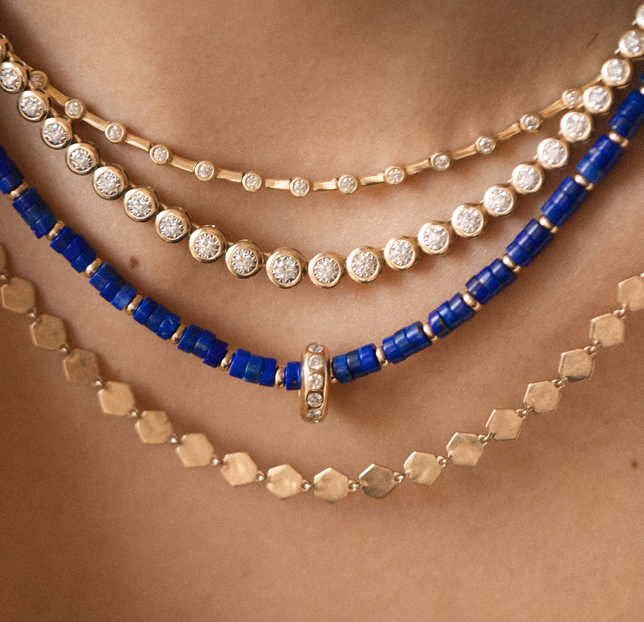 LAPIS AND DIAMOND RONDELLE BEADED NECKLACE