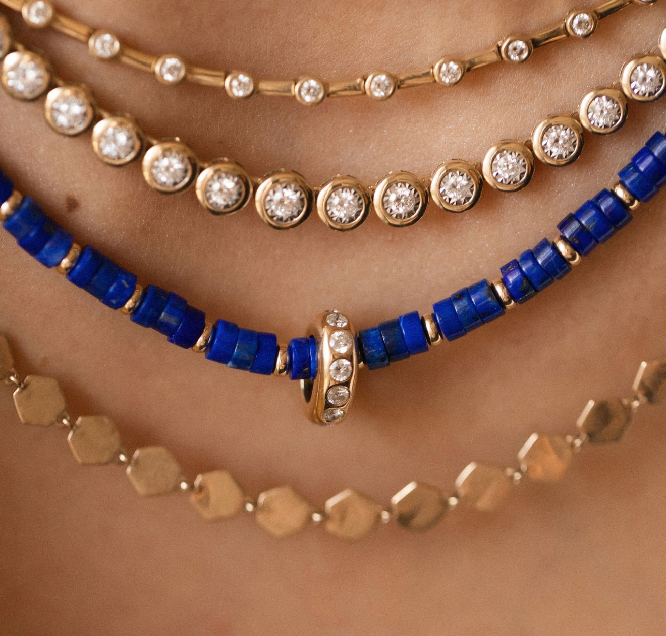 LAPIS AND DIAMOND RONDELLE BEADED NECKLACE