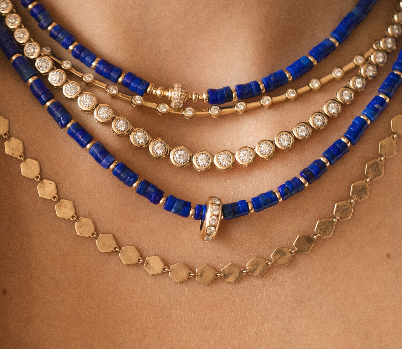 LAPIS AND DIAMOND RONDELLE BEADED NECKLACE