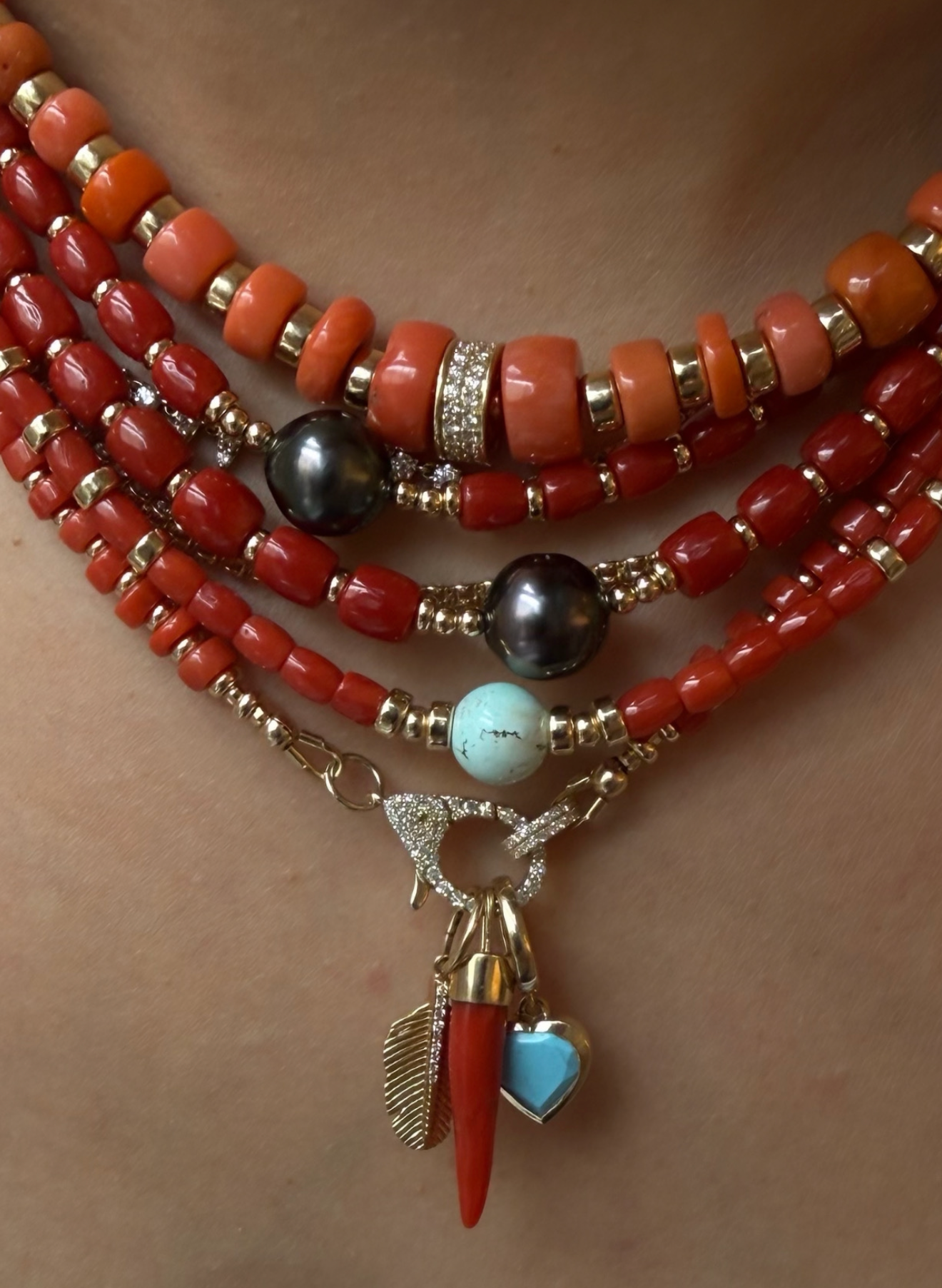 CORAL NECKLACE WITH DIAMOND FRONT FACING DIAMOND CLASP