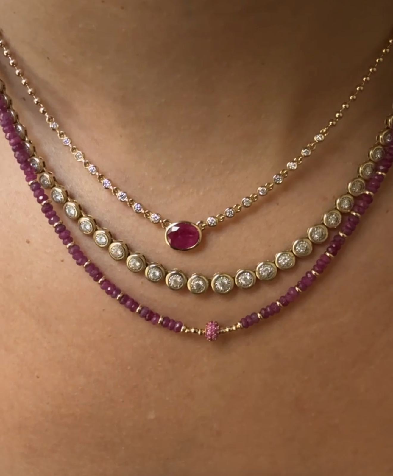 14K GOLD RUBY AND DIAMOND BEAD HALO NECKLACE